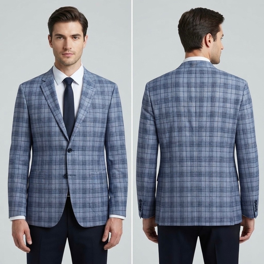 Murano‎ Mens Blue Plaid Slim Fit Blazer Sport Coat Two Button Jacket Small 36R